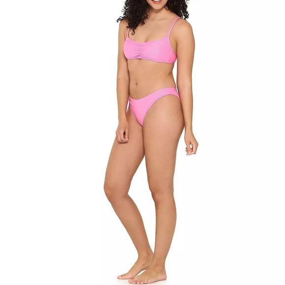 Ninety Nine Shirred Bralette Hi Leg V Waist Cheeky Bikini Swim Set Pink Shine M - Picture 10 of 10